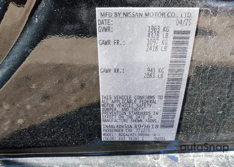 2025 Nissan Altima Sv Fwd z USA, uszkodzony, nr VIN 1N4BL4DV5SN390618